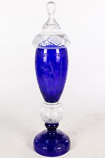 Large Bohemian Style Cobalt & Clear Glass Lidded Urn