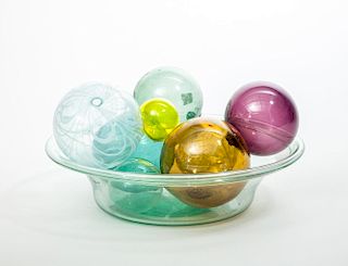JERSEY TYPE GLASS BASIN AND EIGHT ASSORTED COLORED GLASS BALLS
