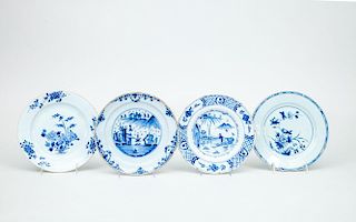 TWO DUTCH BLUE AND WHITE DELFT PLATES AND TWO CHINESE EXPORT BLUE AND WHITE PORCELAIN PLATES