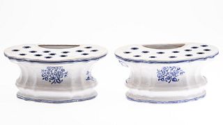 Pair Blue & White Faience Crocus Pots
