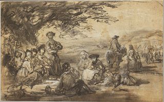 Old Master Drawing of an Outdoor Gathering, Charcoal