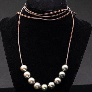 Black Sea Pearl Necklace on a Leather Cord
