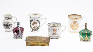 6 British Royal Commemorative Porcelain Items &  Tin