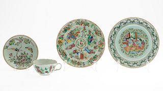 Two Chinese Famille Rose Plates, Tea Cup and Saucer