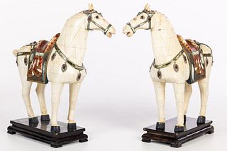 Large Pair Chinese Bone Veneered Tang Style Horses