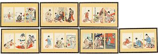 7 Chikanobu Woodblock Triptych Prints, c. 1895