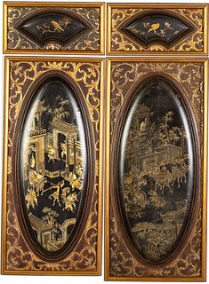4 Chinese Export Black Lacquer Panels, c. 1860