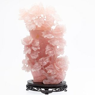 Chinese Rose Quartz Carved Lidded Jar