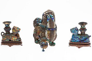 3 Chinese Silver and Enamel Guardian Animals