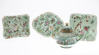 Chinese Famille Rose Tea Pot & 3 Serving Pieces