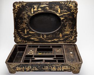 Large Chinese Black Lacquer Sewing Box, 19th Century