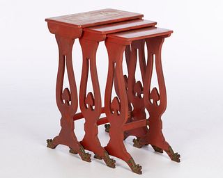 3 Chinese Export Style Red Lacquer Nesting Tables