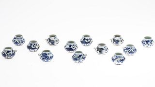 13 Chinese Blue and White Porcelain Bird Feeders