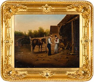 Unsigned, Barn with Figures and Horse, Oil on Canvas
