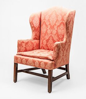 CHIPPENDALE MAHOGANY PINK DAMASK-UPHOLSTERED WING CHAIR