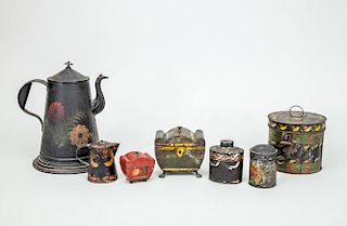 GROUP OF SEVEN PAINTED TINWARE ARTICLES