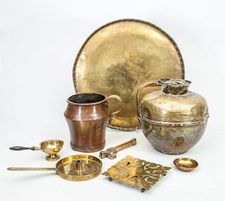 GROUP OF SEVEN BRASS ARTICLES AND A COPPER PITCHER