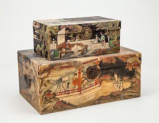 TWO CHINESE PAINTED PIGSKIN TRUNKS