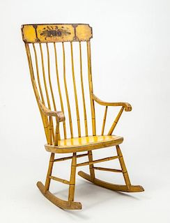 FEDERAL YELLOW PAINTED AND STENCILED SPINDLE-BACK ROCKING WINDSOR CHAIR