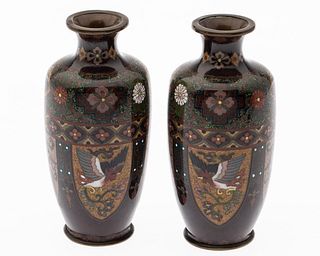 Pair Japanese Cloisonne Goldstone Vases, Late 19th C