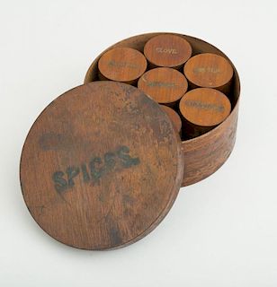 SEVEN BENTWOOD SPICE BOXES CONTAINED IN A BENTWOOD BOX