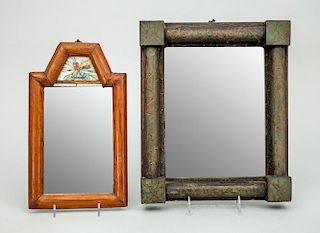 GREEN PAINTED SMALL RECTANGULAR MIRROR AND A COURTING MIRROR
