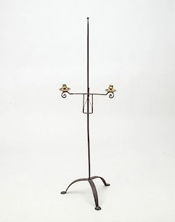 WROUGHT-IRON AND BRASS TWO-LIGHT CANDLESTAND
