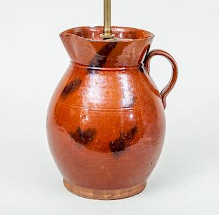 RED GLAZED POTTERY PITCHER, MOUNTED AS A LAMP