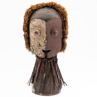 African Janus-faced Bust, Raffia and Painted Wood