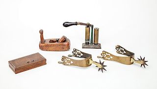 GERMAN HAND SCALE; A PAIR OF BRASS STIRRUPS; A WOOD CARPENTER'S PLANE; AND A WOOD-HANDLED BRASS AND CAST-IRON BULLET MAKER