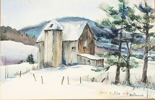 P.J. Hammond, Winter Scene with Barn, W/C on Paper