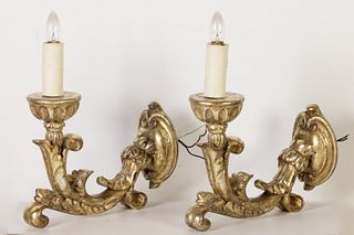 Pair of Silvered Wood Wall Sconces, 20th C