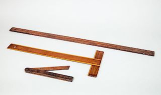 INLAID OAK STRAIGHT EDGE, A T-SHAPED MEASURE, AND A SHORT STRAIGHT EDGE