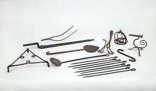 GROUP OF WROUGHT-IRON AND OTHER METAL IMPLEMENTS