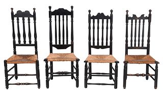 An Assembled Set of Four Early New England Banister Back Side Chairs