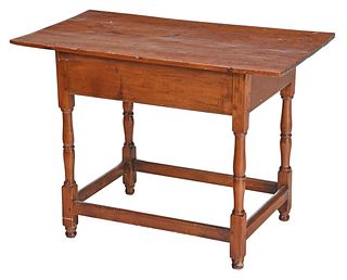 American Baroque Pine and Maple Stretcher Base Tavern Table