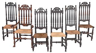Assembled Set of Six New England William and Mary Paint Decorated Banister Back Dining Chairs