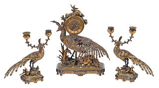 French Japonesque Bronze Clock Garniture with Peacocks