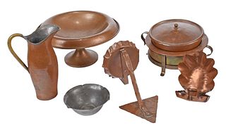 Eight Arts and Crafts Metal Table Objects 