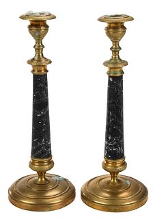 Pair French Brass and Marble Candlesticks