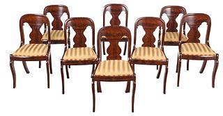 Set of Eight American Classical Figured Mahogany Side Chairs