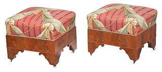 Pair of Classical Figured Mahogany Upholstered Footstools