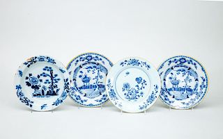 PAIR OF DUTCH BLUE AND WHITE DELFT SOUP PLATES; ANOTHER DUTCH SOUP PLATE; AND A CHINESE EXPORT PORCELAIN PLATE