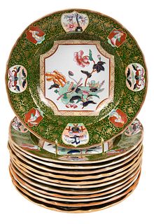 12 Ironstone Porcelain Plates with Chinoiserie Motifs