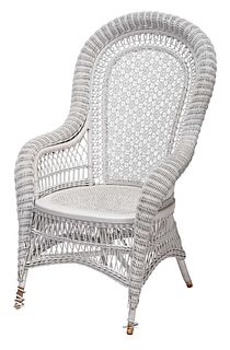 White Painted Wicker and Caned Armchair