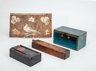 TWO WOOD BOXES WITH SLIDING LIDS, A BLUE PAINTED BOX WITH HINGED LID AND A BIRD AND TULIP-PAINTED PANEL