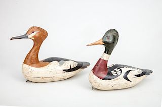 TWO EASTERN SHORE CARVED AND PAINTED WOOD HEN AND DRAKE MERGANSER DECOYS