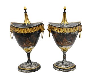 Pair of Pewter Chestnut Urns Having Covers