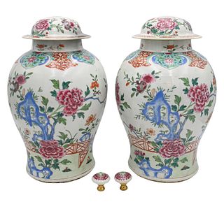 Pair of Chinese Famille Rose Baluster Vases and Cover