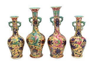 Two Pairs of Chinese Clobbered Porcelain Vases